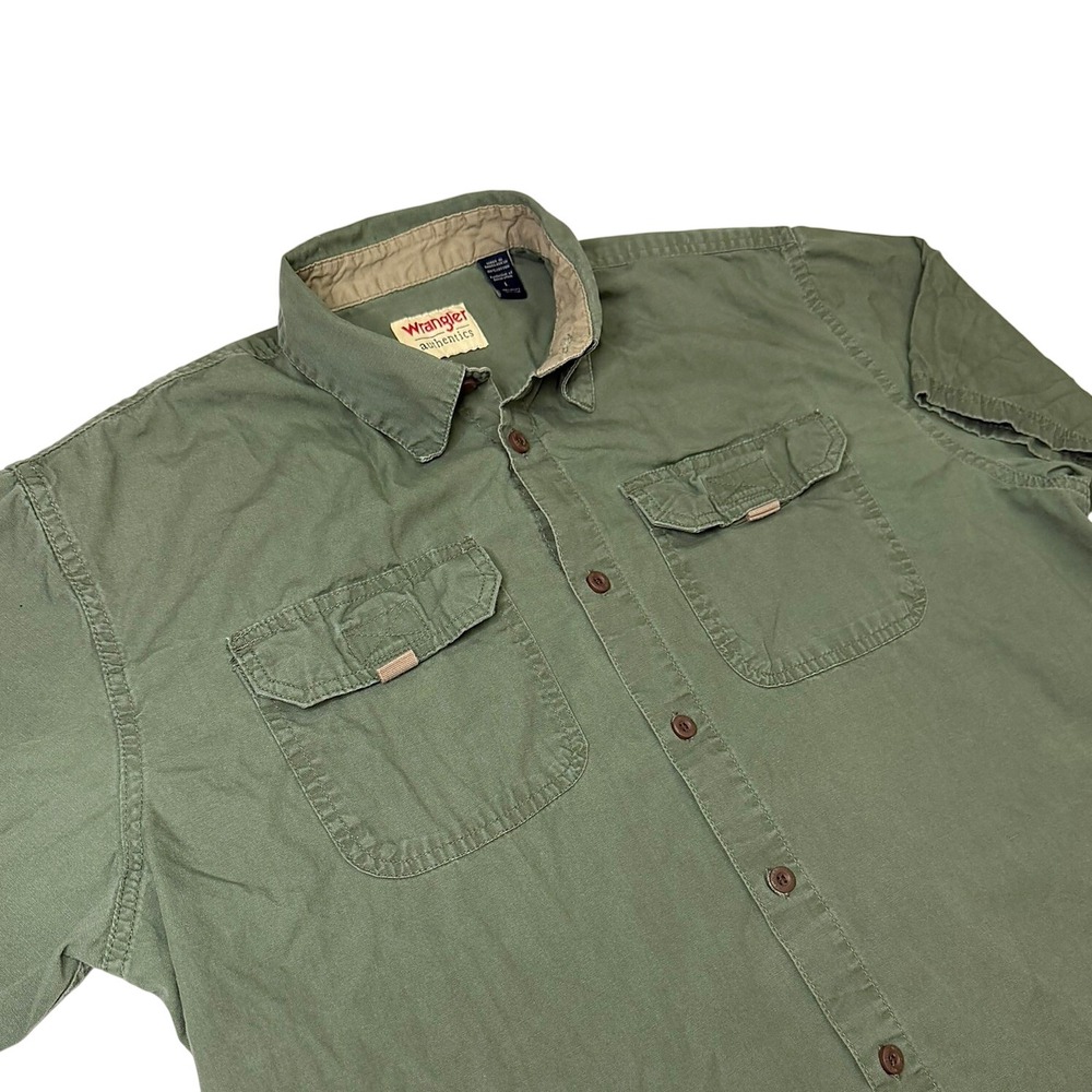 Wrangler Authentics Mens Large Olive Green Cotton Canvas Short Sleeve Shirt